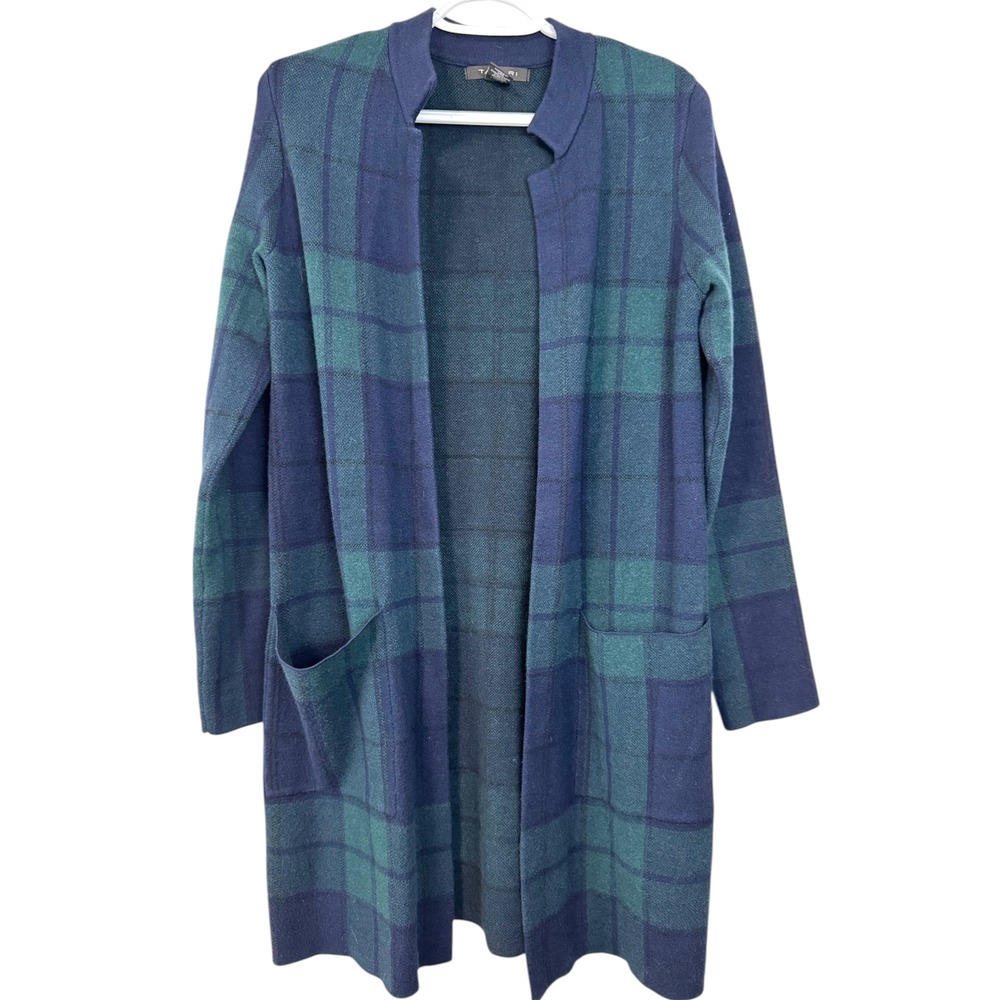Tahari Plaid Open Front Long Cardigan Sweater Womens Size‎ Small Navy Green
